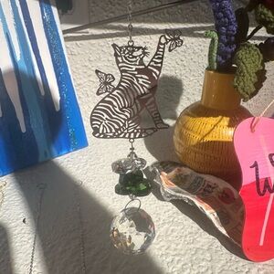 Green Cat & Butterfly Crystal Sun Catcher